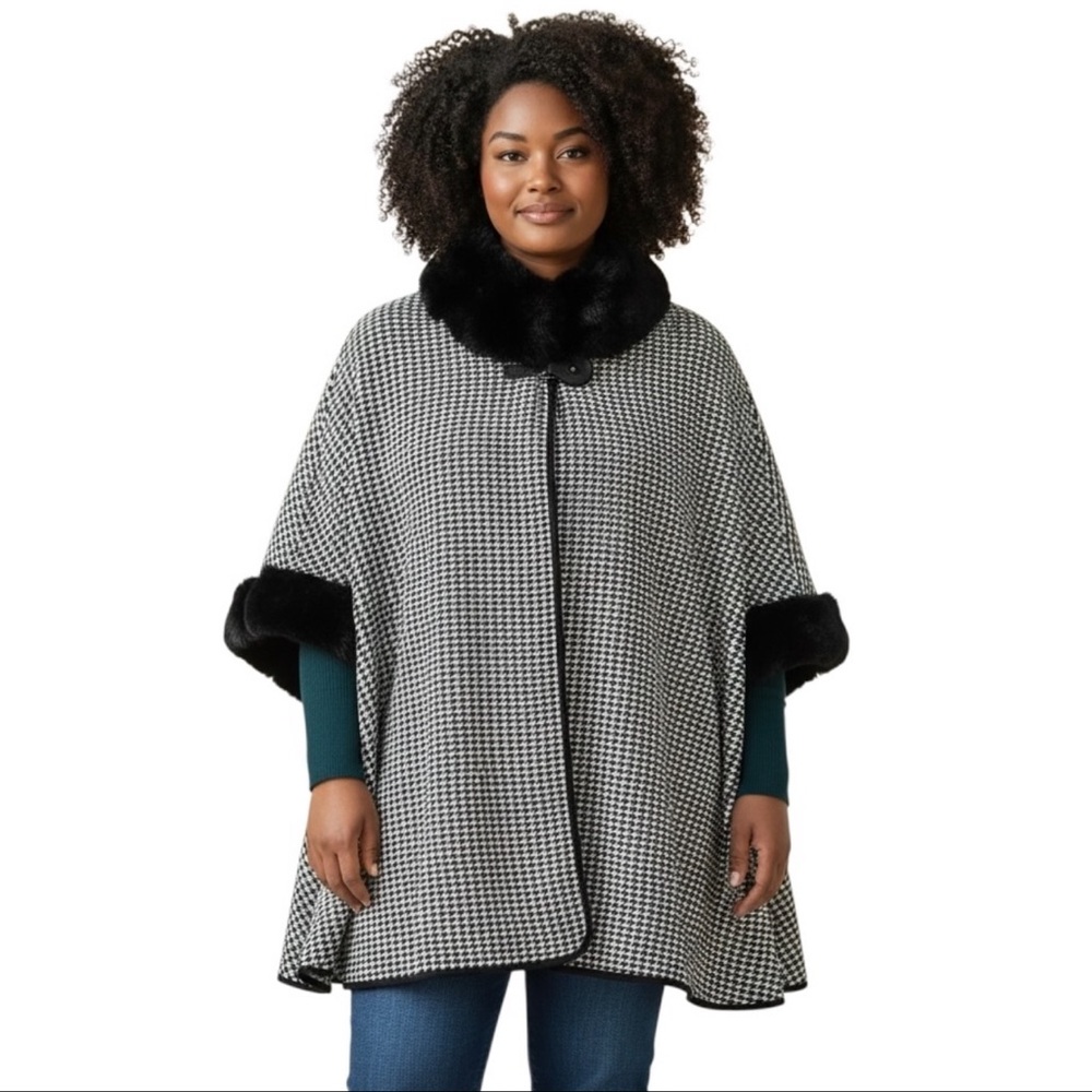 Nine West Houndstooth Cape Women’s Black White Poncho Topper Oversized Outerwear
